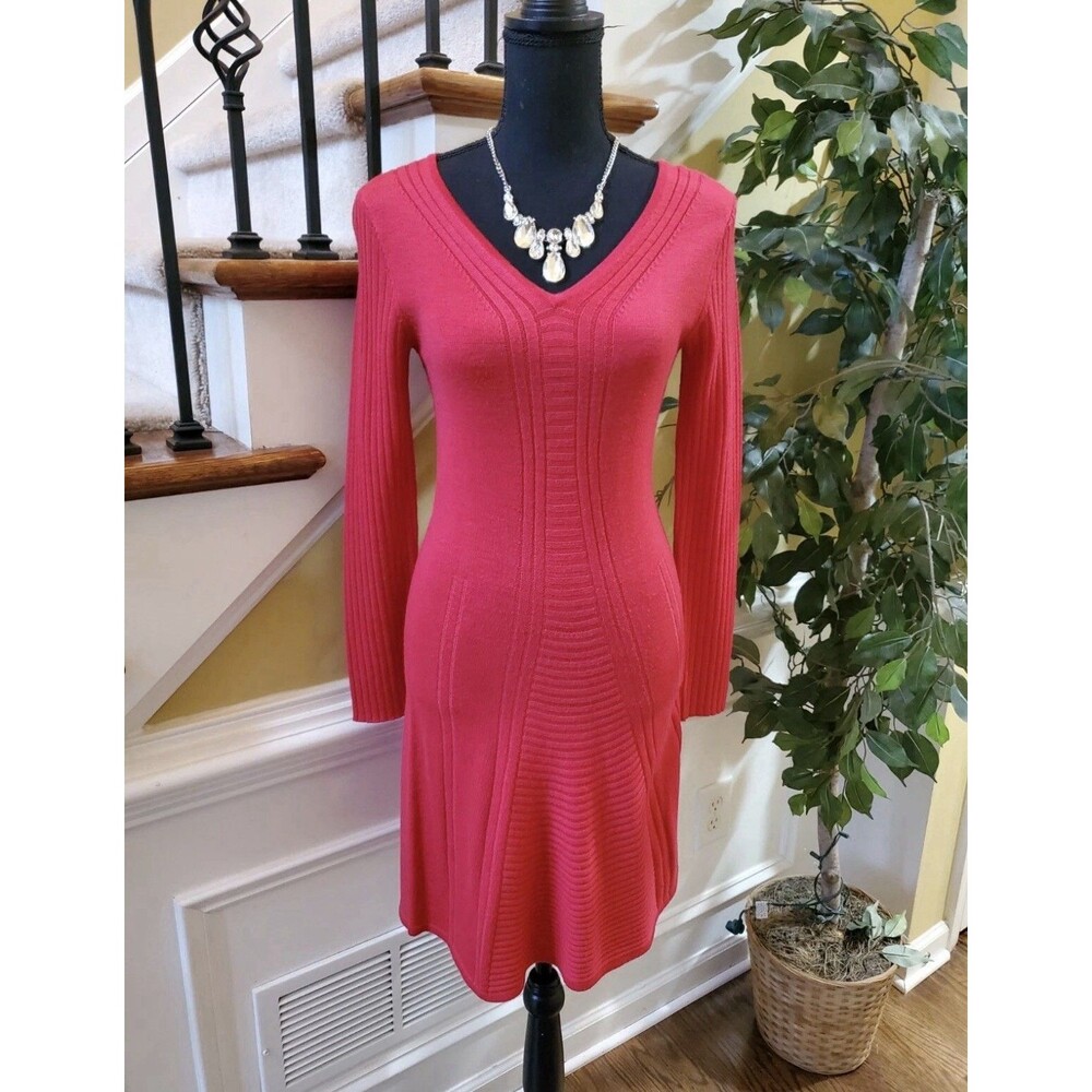Krimson Klover Red Ribbed Knit Sweater Dress V Neck Long Sleeve Bodycon S Wool
